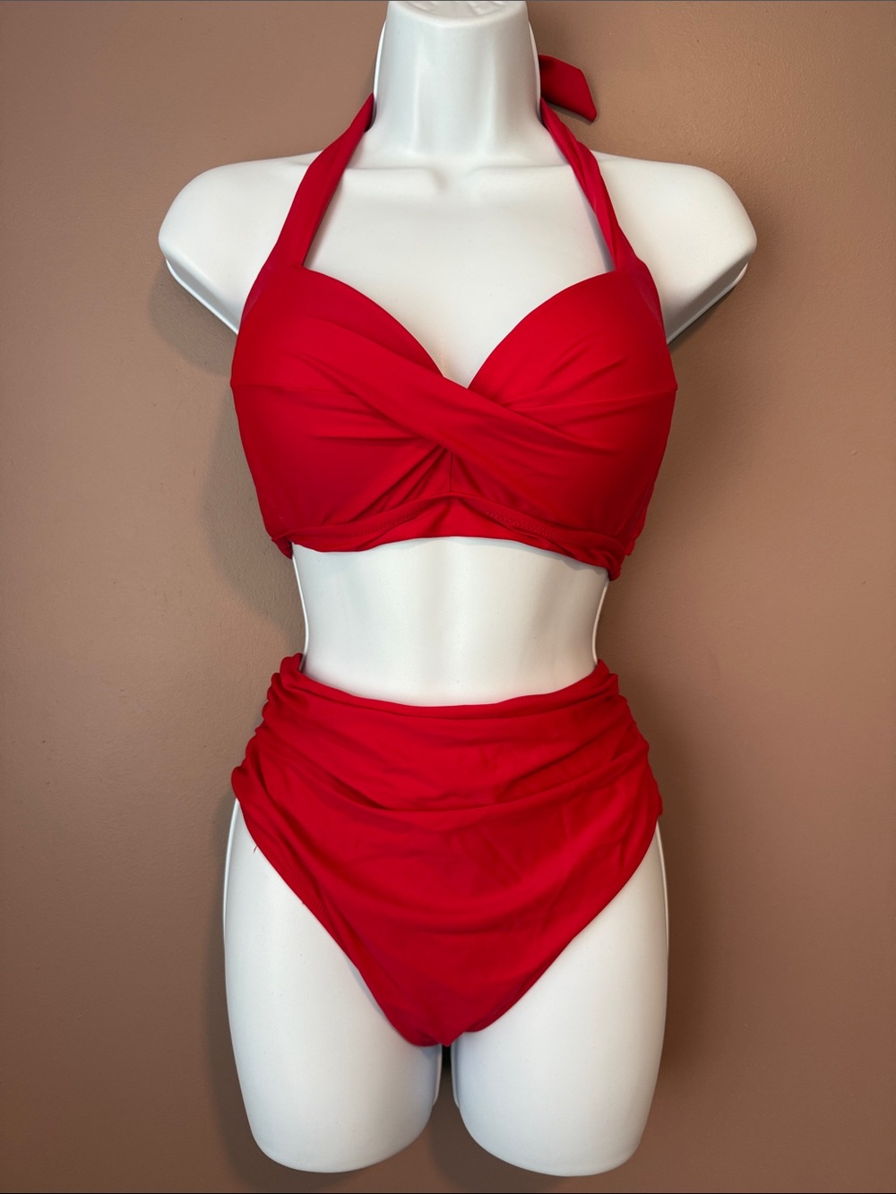 Red Twist Front High Waisted Bikini Set